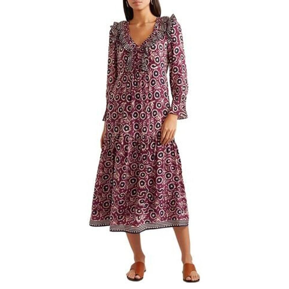 Sea NY New York V-neck Ruffle Floral Long-sleeve Midi Dress Sz 0 Purple #1A458